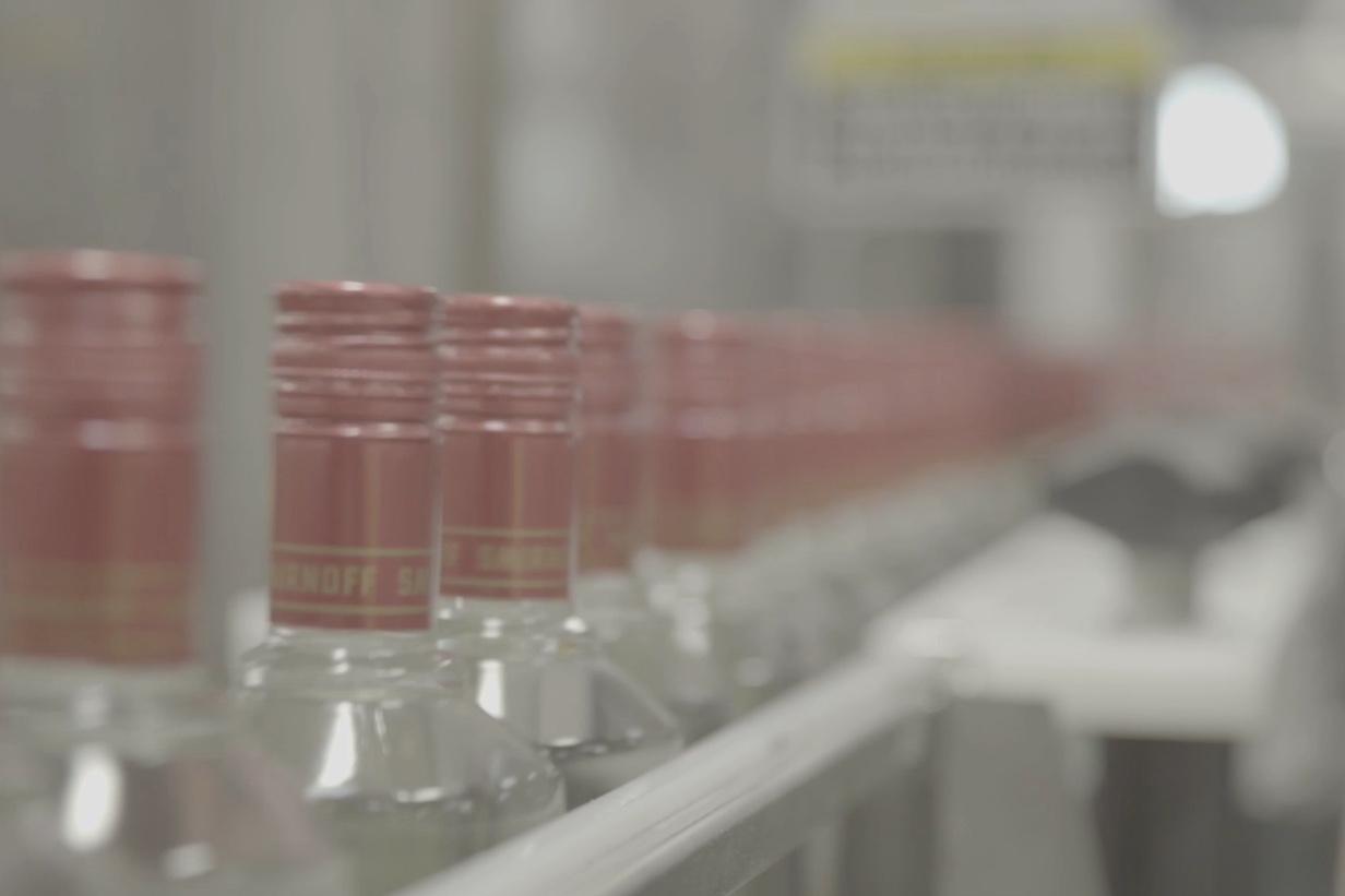 Glass bottles on a production line. 